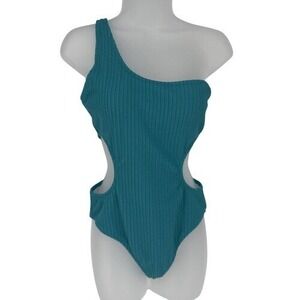 PINK M Teal Ribbed One Shoulder One-Piece Swimsuit Side Cutout Monokini Vacation